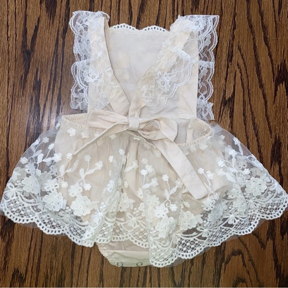 Bodoke Kids Boutique Octavia Lace Romper Dress Natural Ivory Size 90, 12-18m